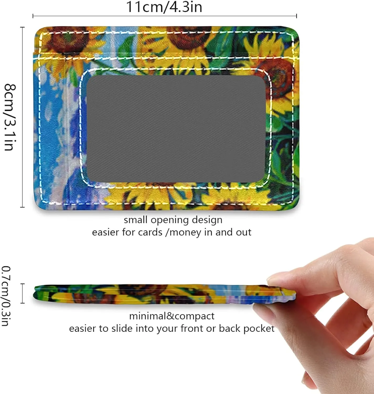 Poeticcity Landscape of Yellow Sunflowers with Green Leaves Blue Sky White Cloud Slim Minimalist Wallet, Case Protector Covers for Men Women, Front Pocket RFID Blocking Leather Credit Card Holder
