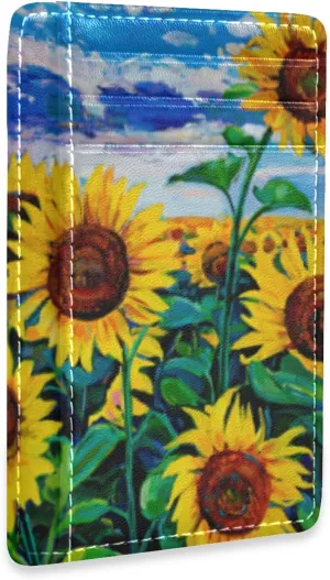 Poeticcity Landscape of Yellow Sunflowers with Green Leaves Blue Sky White Cloud Slim Minimalist Wallet, Case Protector Covers for Men Women, Front Pocket RFID Blocking Leather Credit Card Holder