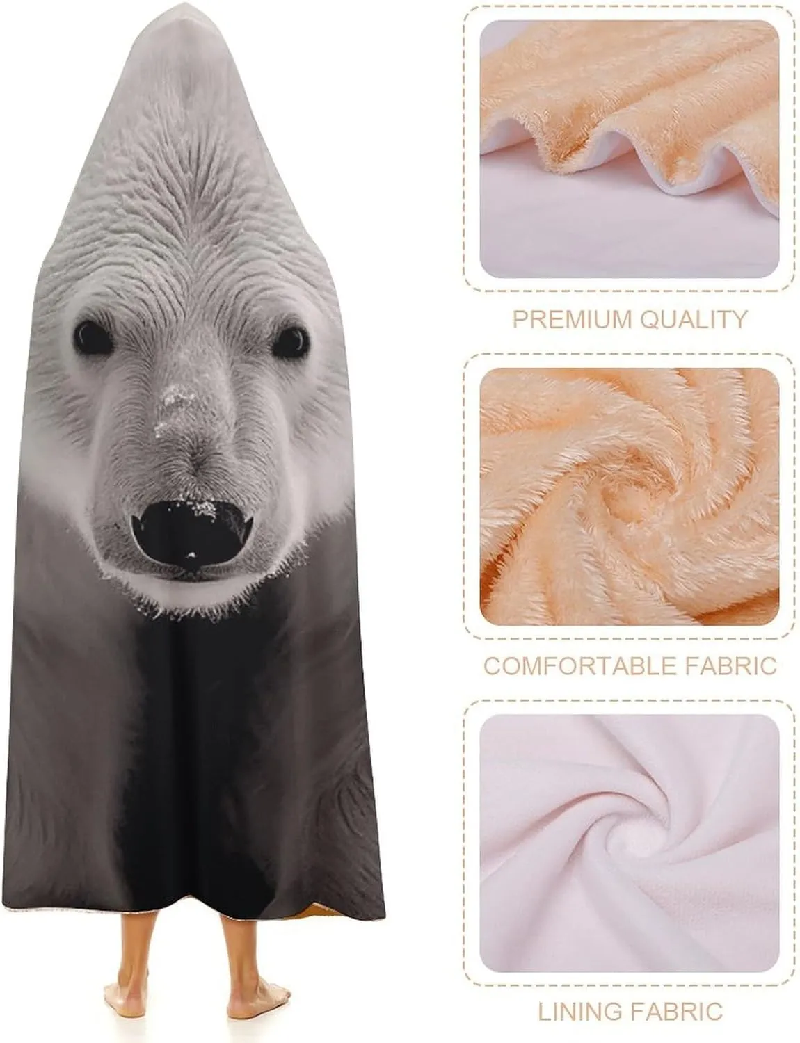 Polar Bear Hooded Blanket, Soft Arctic Velvet Wearable Throw for All-Season, Bed, Sofa, Camping