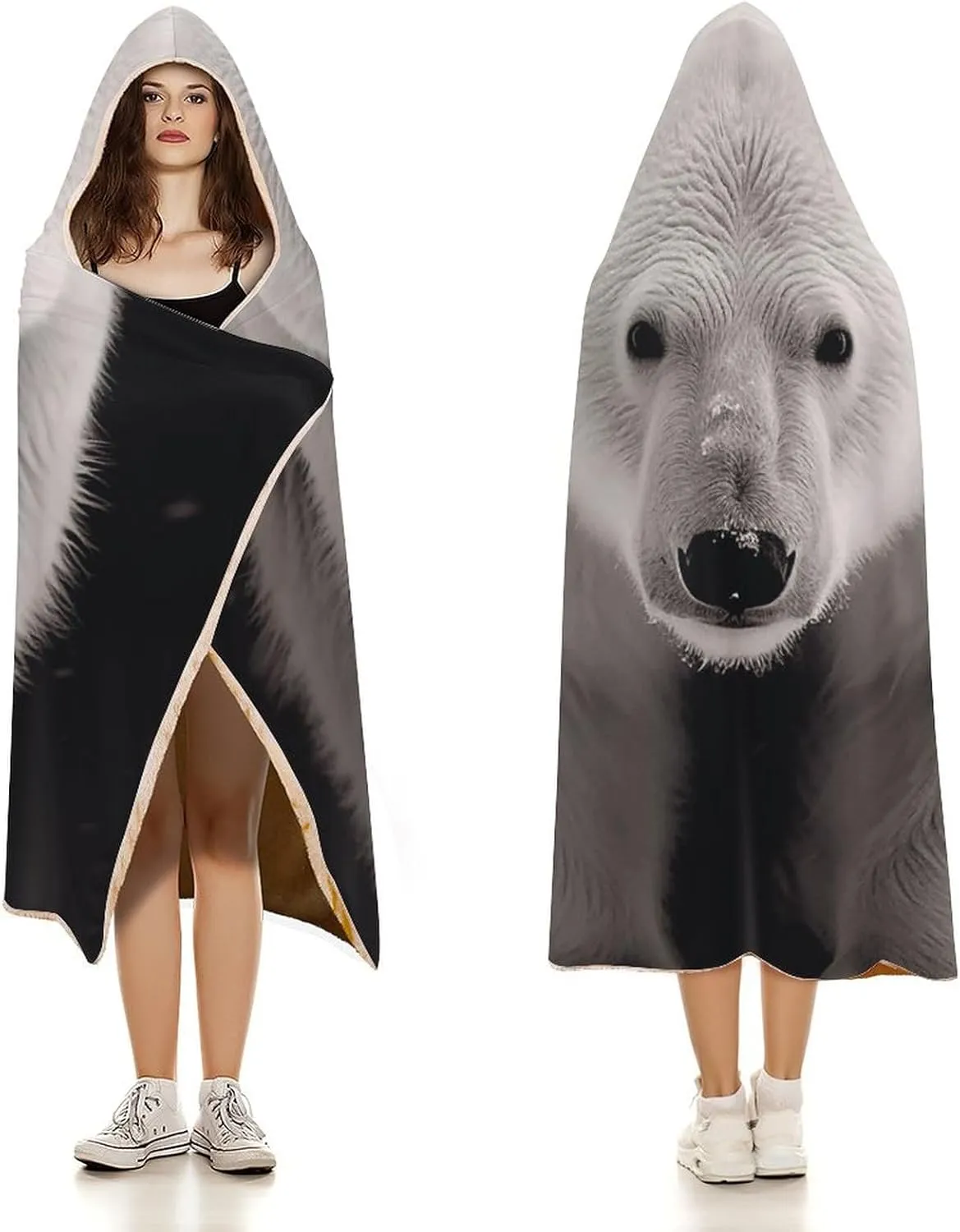 Polar Bear Hooded Blanket, Soft Arctic Velvet Wearable Throw for All-Season, Bed, Sofa, Camping