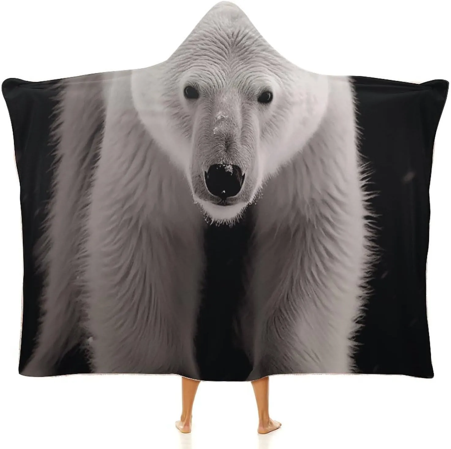 Polar Bear Hooded Blanket, Soft Arctic Velvet Wearable Throw for All-Season, Bed, Sofa, Camping