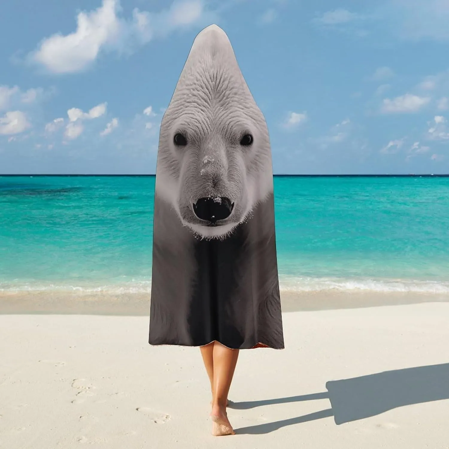 Polar Bear Hooded Blanket, Soft Arctic Velvet Wearable Throw for All-Season, Bed, Sofa, Camping