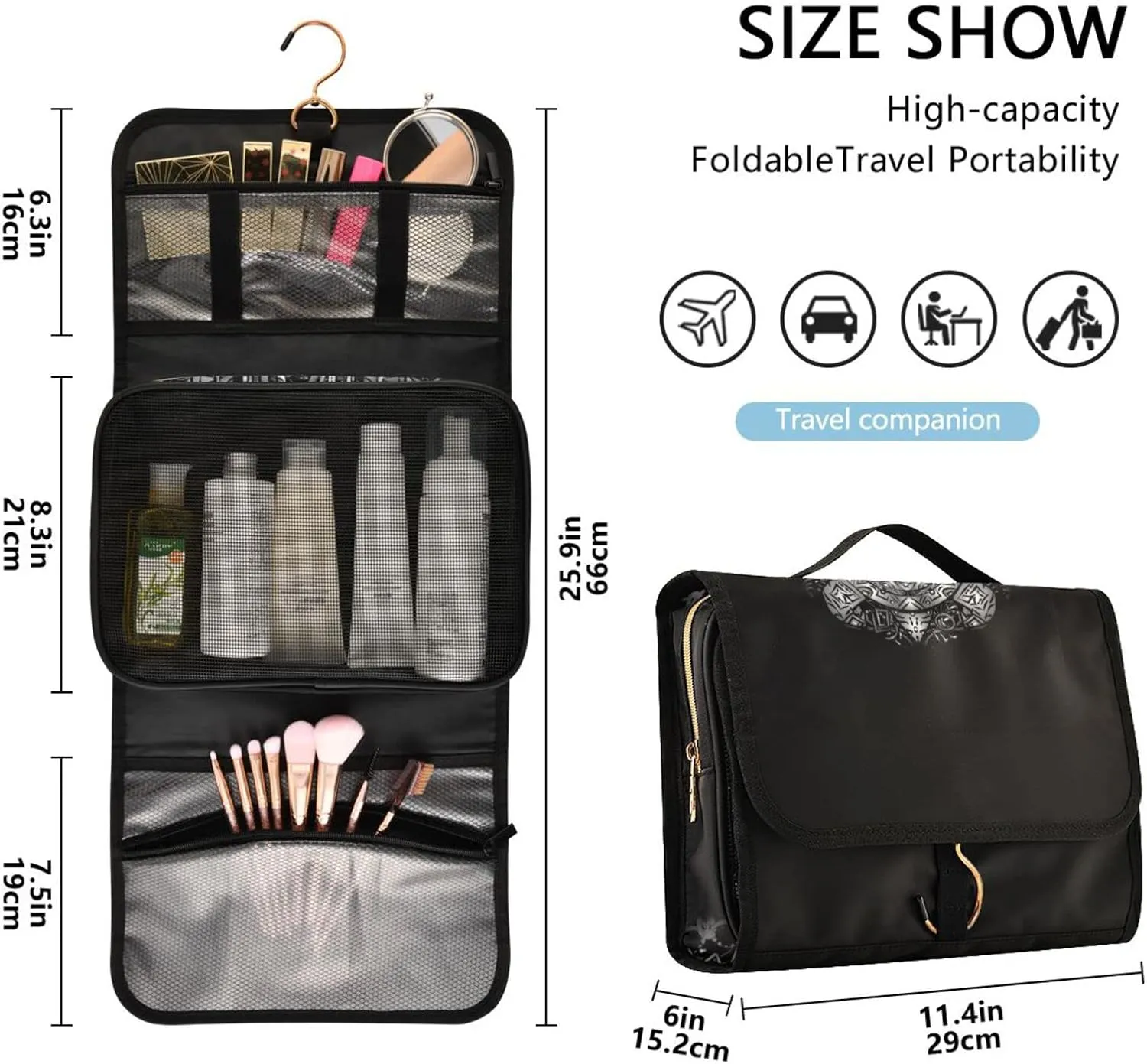 Polynesian Silver Tribal Sea Turtle Tattoo on Black Toned Maori 3 PCs Set Toiletry bags, 1 Women's Travel Cosmetic Bag, 1 Hanging Toiletry Wash Bag, 1 Brush Case, Portable Makeup Storage Case