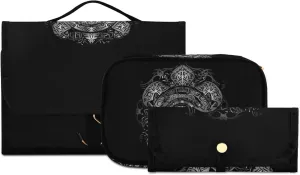 Polynesian Silver Tribal Sea Turtle Tattoo on Black Toned Maori 3 PCs Set Toiletry bags, 1 Women's Travel Cosmetic Bag, 1 Hanging Toiletry Wash Bag, 1 Brush Case, Portable Makeup Storage Case