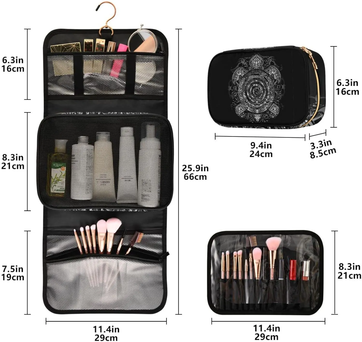 Polynesian Silver Tribal Sea Turtle Tattoo on Black Toned Maori 3 PCs Set Toiletry bags, 1 Women's Travel Cosmetic Bag, 1 Hanging Toiletry Wash Bag, 1 Brush Case, Portable Makeup Storage Case