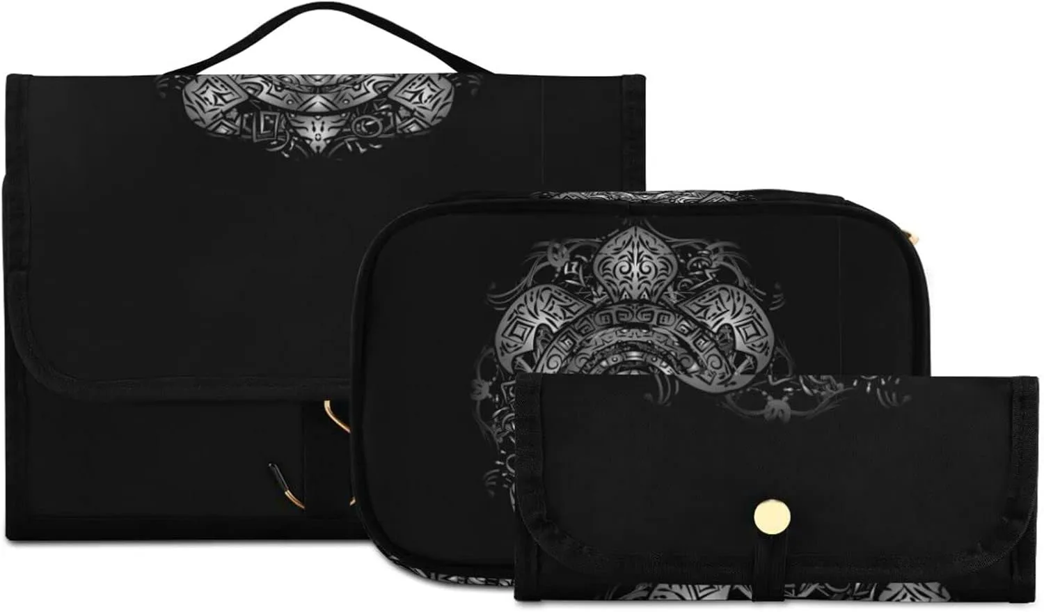 Polynesian Silver Tribal Sea Turtle Tattoo on Black Toned Maori 3 PCs Set Toiletry bags, 1 Women's Travel Cosmetic Bag, 1 Hanging Toiletry Wash Bag, 1 Brush Case, Portable Makeup Storage Case