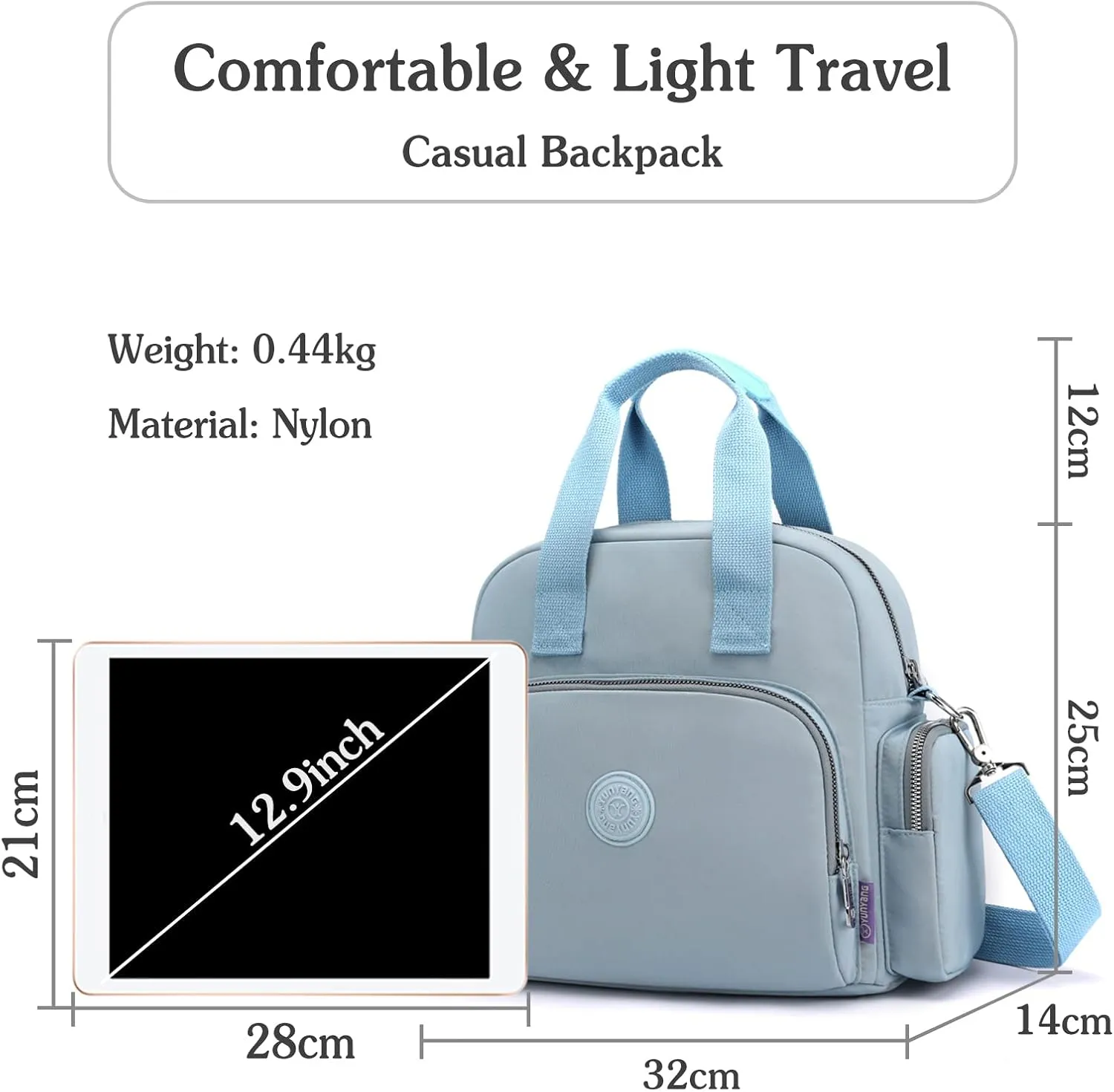 PORRASSO Women Backpack Fashion Shoulder Bag Multifunctional Daypack with USB Charging Port Handbag Nylon Crossbody Bag for Work Travel Dating Light Blue