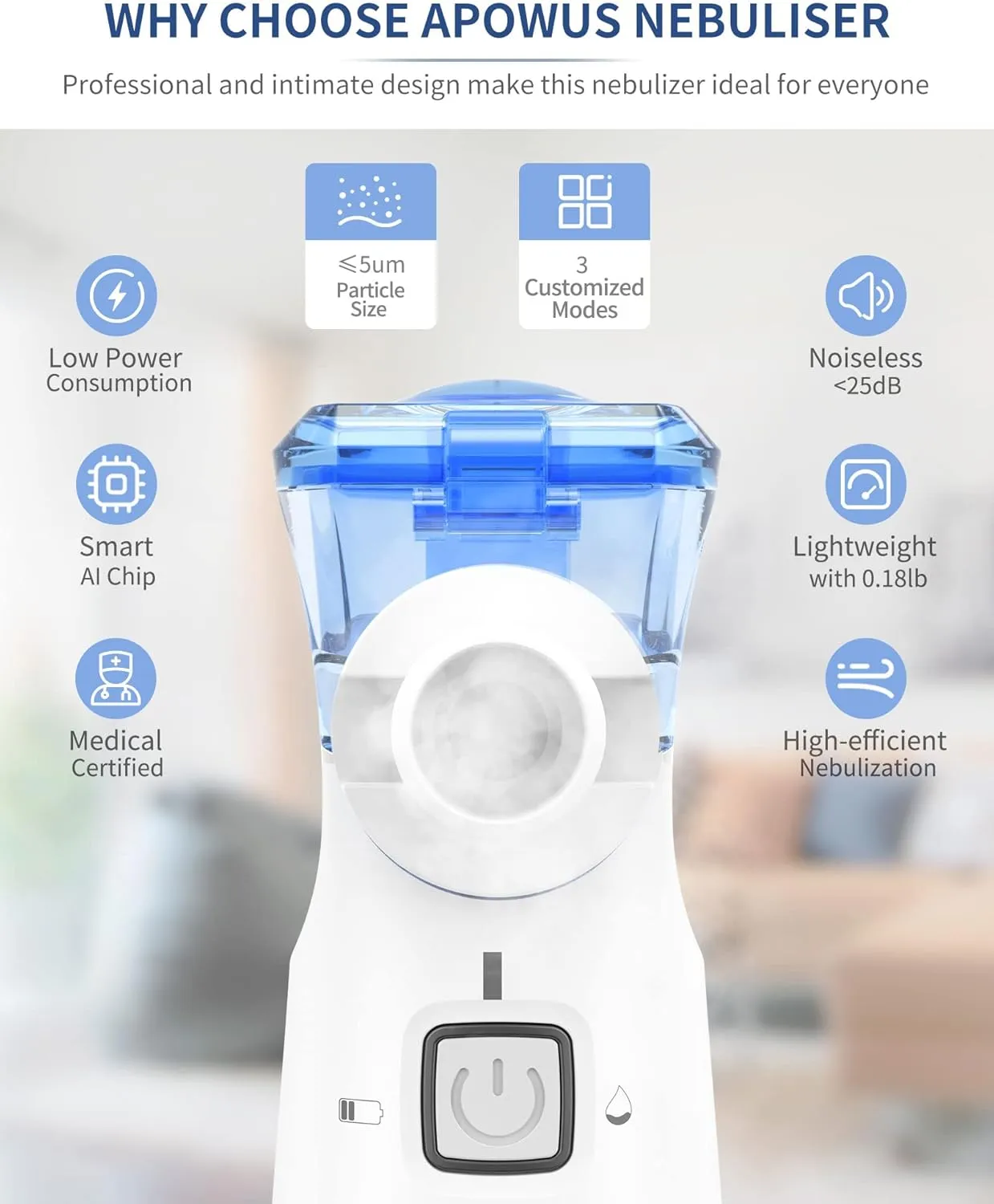 Portable Nebulizer - Nebulizer for Adults and Kids, Nebulizer Machine for Adults and Kids with 3 Nebulizer Masks and Adjustable Nebulization Rate, Handheld and Easy to Use-White Blue