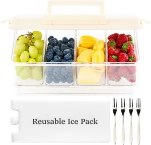 Portable Snackle Box Container with Ice Pack, 4 Large Compartments Chilled Travel Charcuterie Tray with Lid & Forks, Cooling Divided Serving Tray, for Outdoor Parties, Picinics