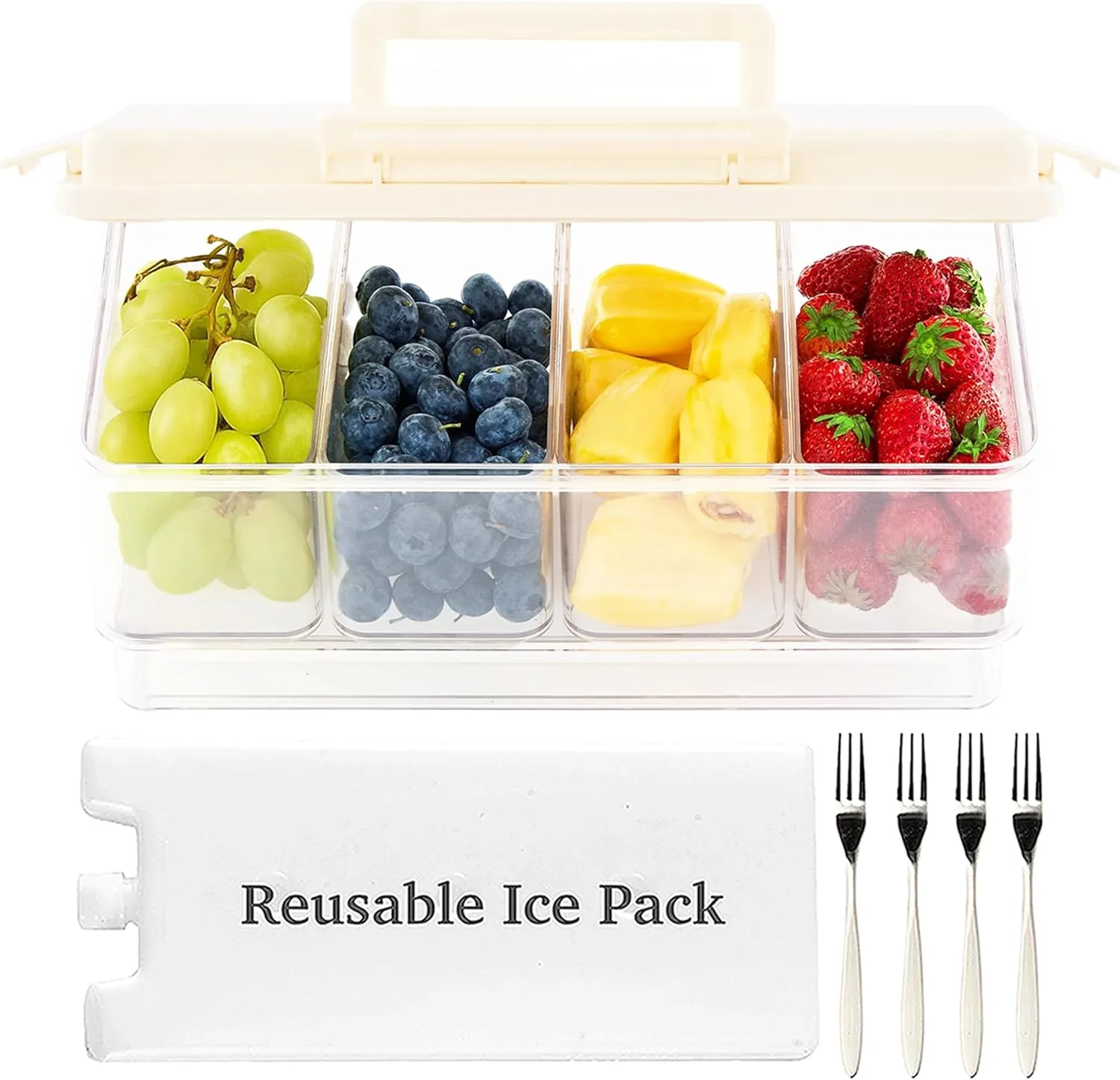 Portable Snackle Box Container with Ice Pack, 4 Large Compartments Chilled Travel Charcuterie Tray with Lid & Forks, Cooling Divided Serving Tray, for Outdoor Parties, Picinics