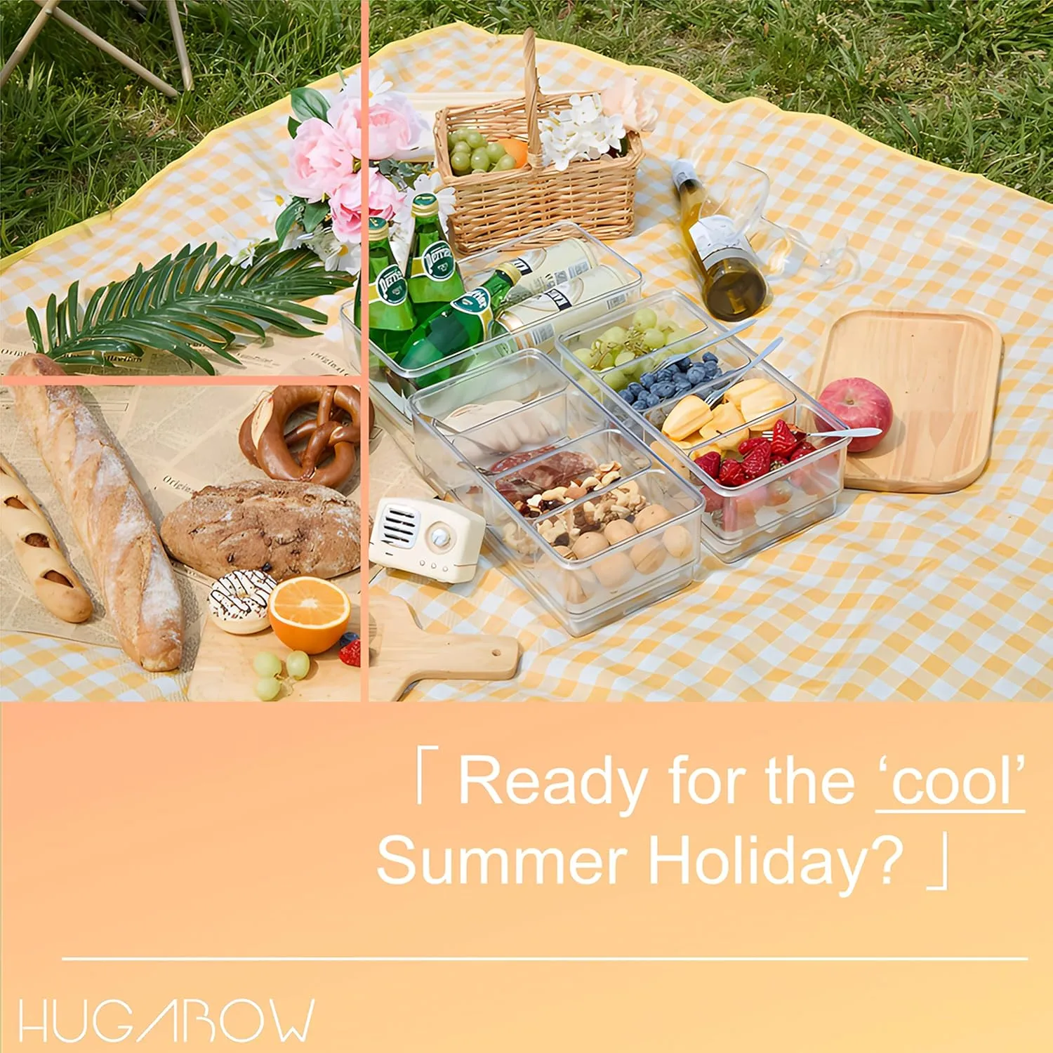 Portable Snackle Box Container with Ice Pack, 4 Large Compartments Chilled Travel Charcuterie Tray with Lid & Forks, Cooling Divided Serving Tray, for Outdoor Parties, Picinics