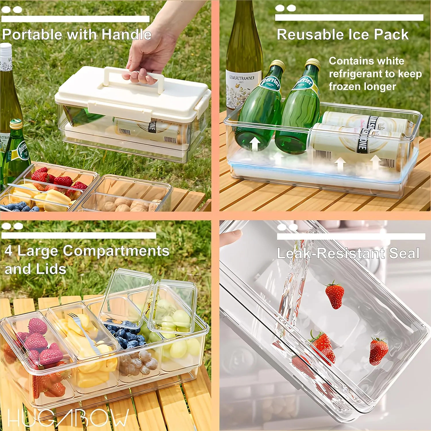 Portable Snackle Box Container with Ice Pack, 4 Large Compartments Chilled Travel Charcuterie Tray with Lid & Forks, Cooling Divided Serving Tray, for Outdoor Parties, Picinics