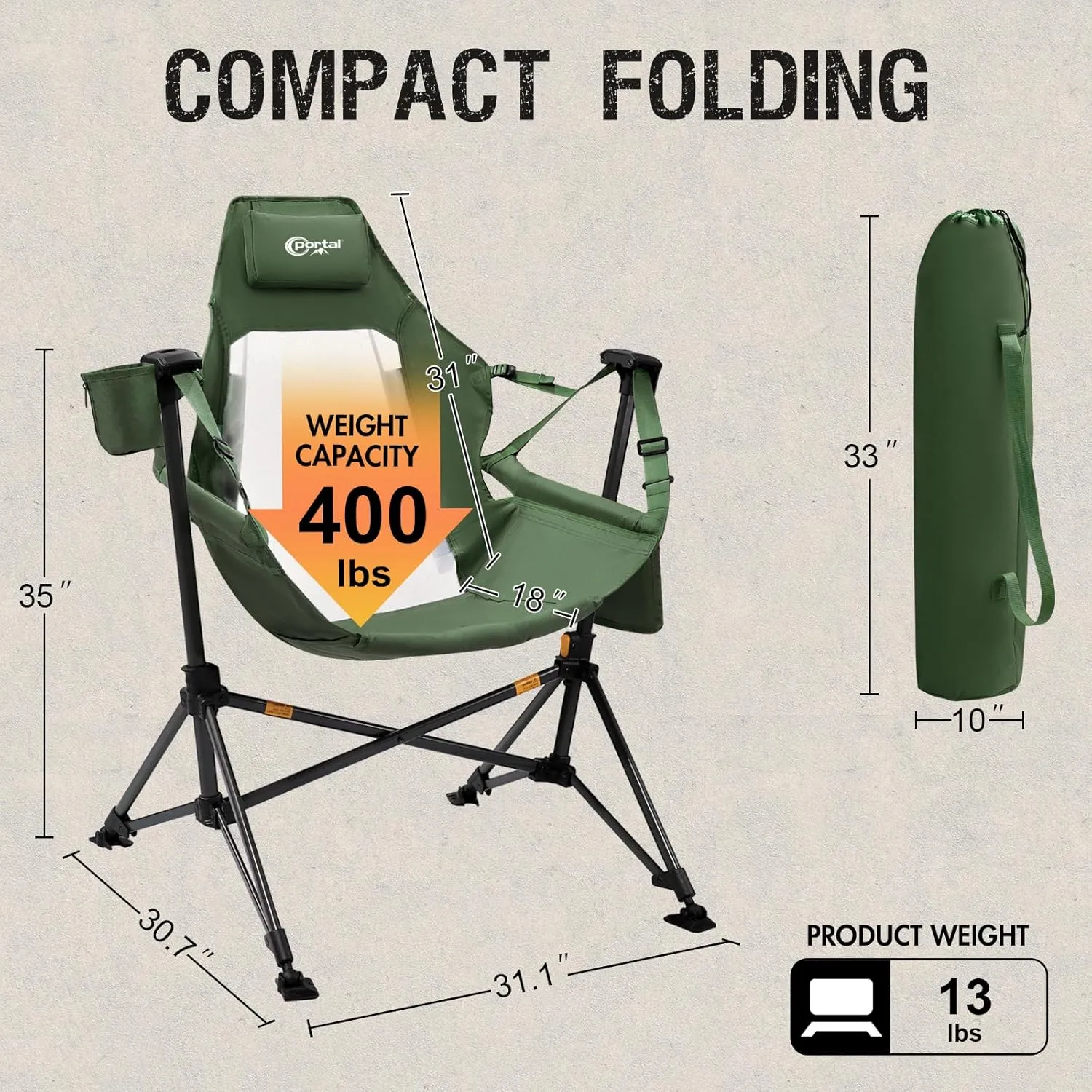 PORTAL Hammock Camping Chair, Portable Outdoor Swinging Chairs, Rocking Chair for Adults with Adjustable Back and Height for Lawn, Backyard, Patio, Supports 400 lbs, Breathable Mesh High Back, Green