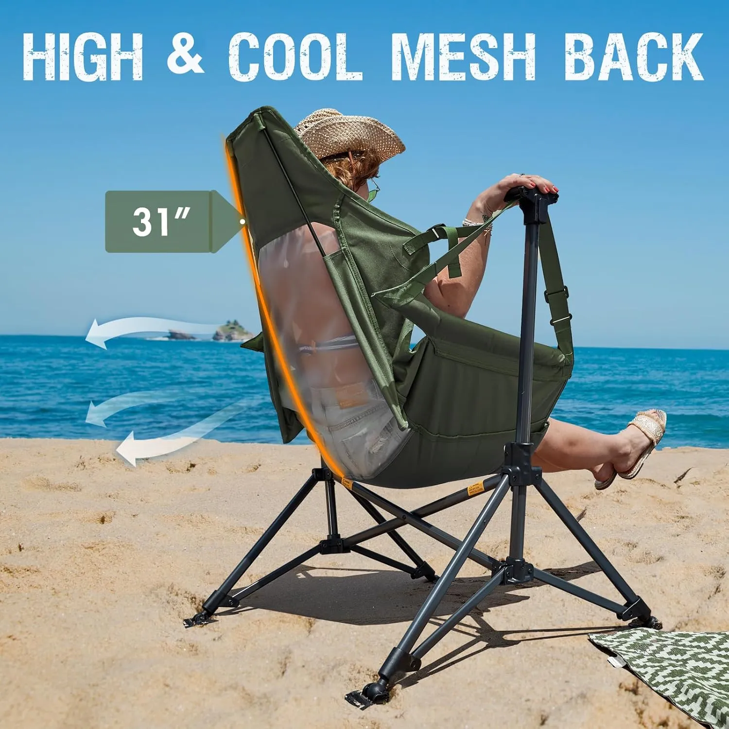 PORTAL Hammock Camping Chair, Portable Outdoor Swinging Chairs, Rocking Chair for Adults with Adjustable Back and Height for Lawn, Backyard, Patio, Supports 400 lbs, Breathable Mesh High Back, Green
