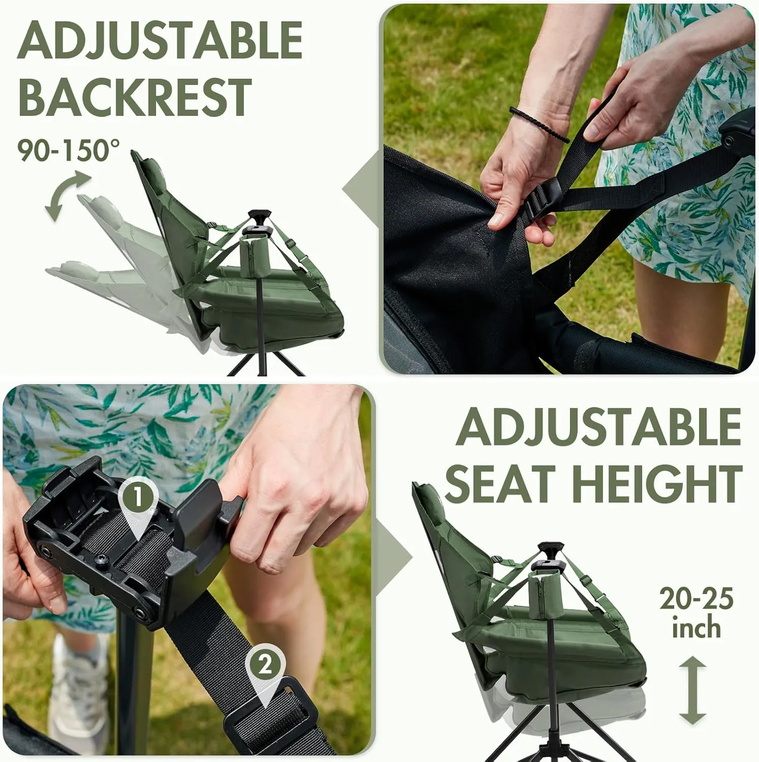 PORTAL Hammock Camping Chair, Portable Outdoor Swinging Chairs, Rocking Chair for Adults with Adjustable Back and Height for Lawn, Backyard, Patio, Supports 400 lbs, Breathable Mesh High Back, Green