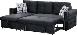 Poundex Black Velvet Reversible Chaise Sectional Sofa with Hidden Storage