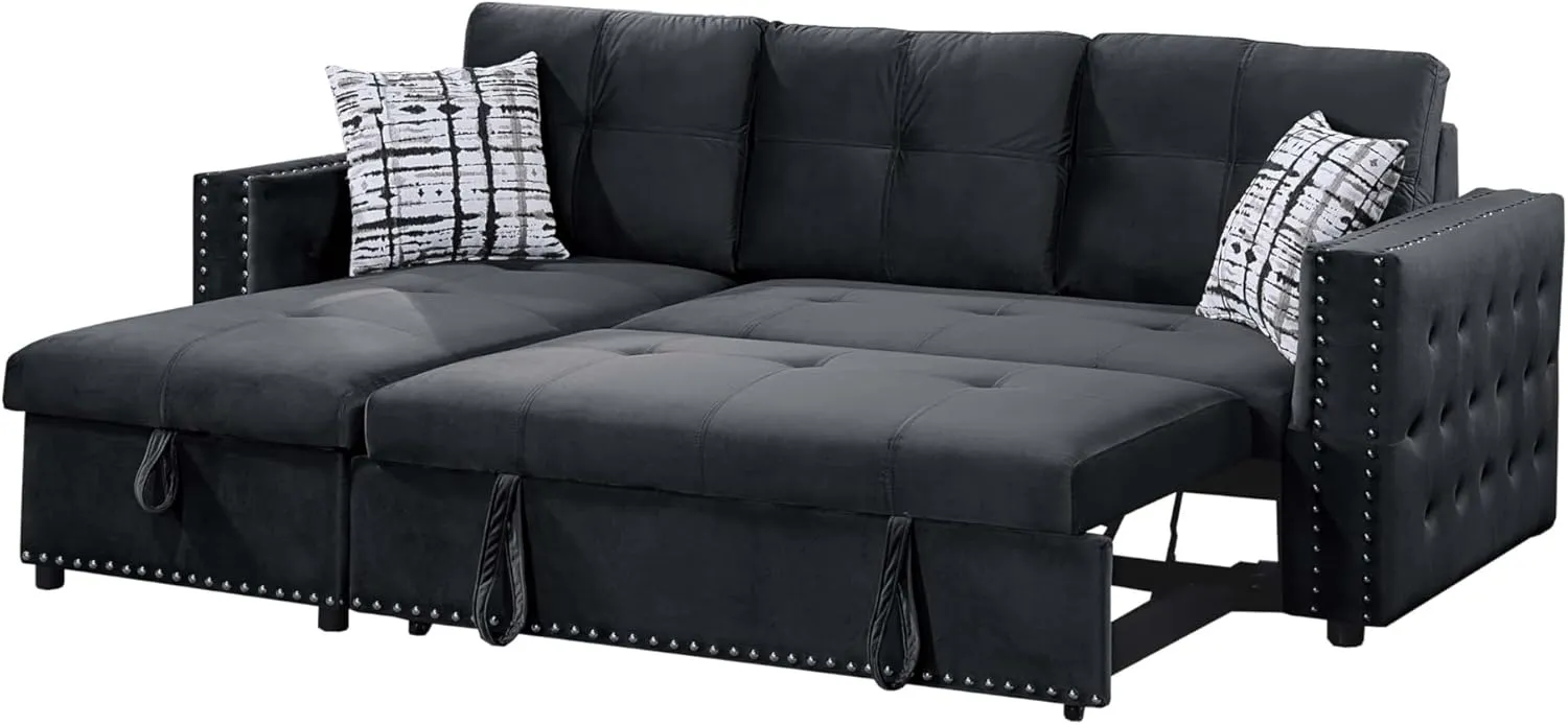 Poundex Black Velvet Reversible Chaise Sectional Sofa with Hidden Storage