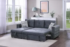Poundex Gray Velvet Reversible Chaise Sectional Sofa with Hidden Storage