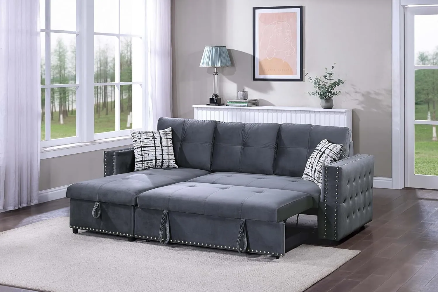 Poundex Gray Velvet Reversible Chaise Sectional Sofa with Hidden Storage