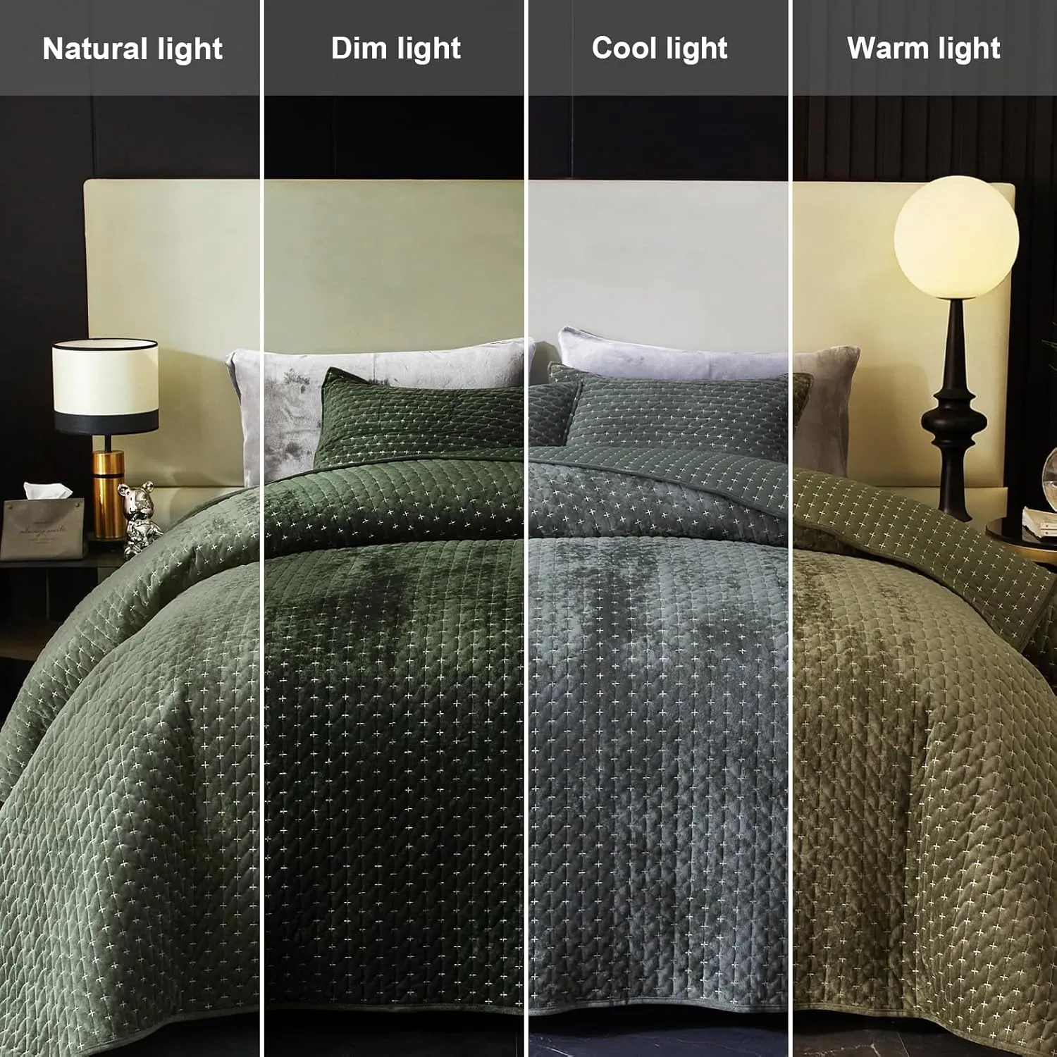 Powdion Velvet Quilt Queen Size, Oversized Bedspread Quilted Bedding Set, Luxurious Soft Coverlet Set Lightweight Velvet Comforter for All Season with Pillow Shams Army Green Striped Full/Queen