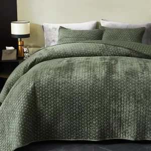 Powdion Velvet Quilt Queen Size, Oversized Bedspread Quilted Bedding Set, Luxurious Soft Coverlet Set Lightweight Velvet Comforter for All Season with Pillow Shams Army Green Striped Full/Queen