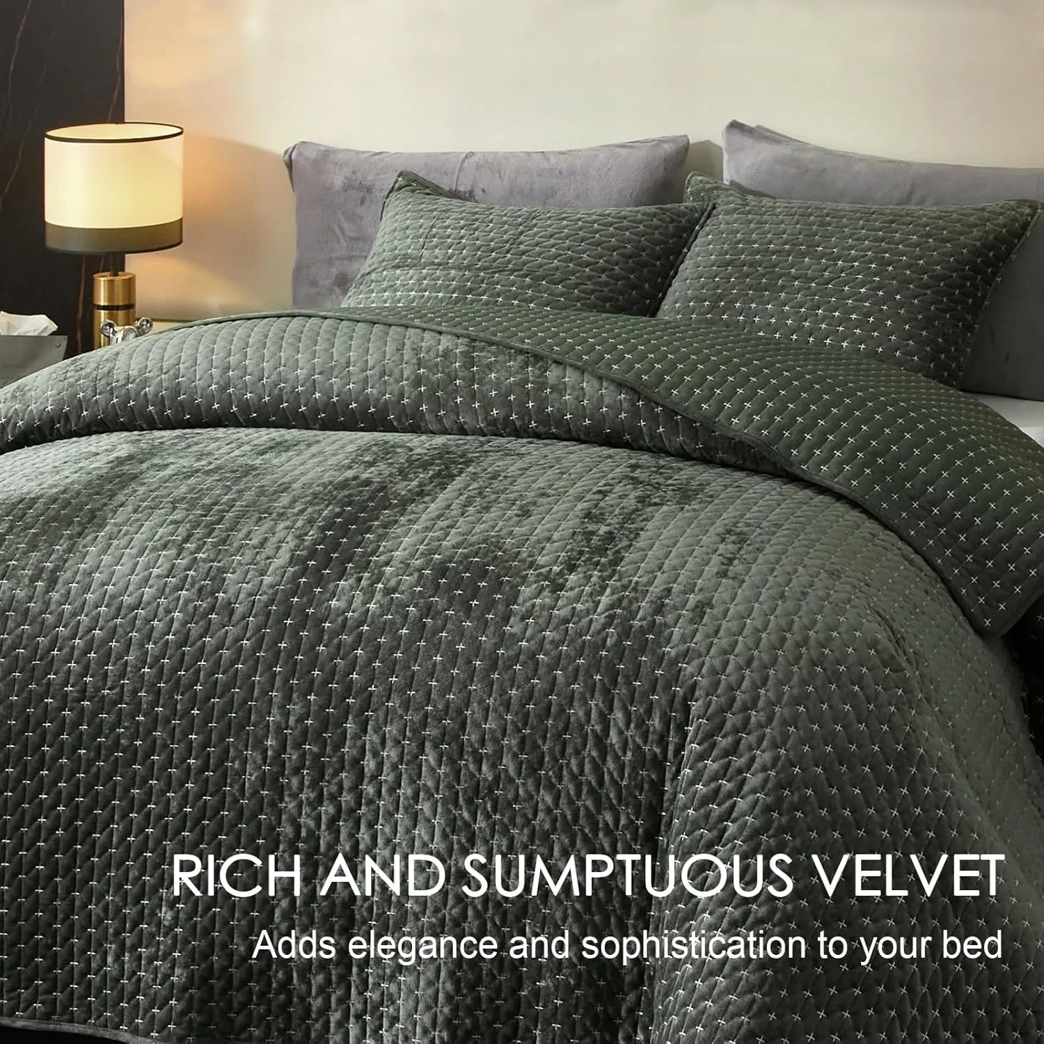 Powdion Velvet Quilt Queen Size, Oversized Bedspread Quilted Bedding Set, Luxurious Soft Coverlet Set Lightweight Velvet Comforter for All Season with Pillow Shams Army Green Striped Full/Queen