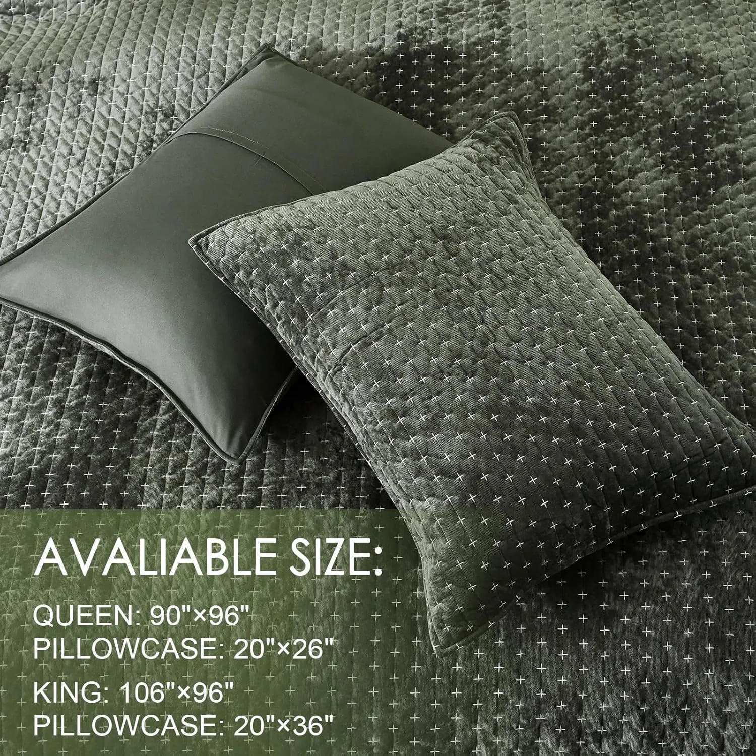 Powdion Velvet Quilt Queen Size, Oversized Bedspread Quilted Bedding Set, Luxurious Soft Coverlet Set Lightweight Velvet Comforter for All Season with Pillow Shams Army Green Striped Full/Queen