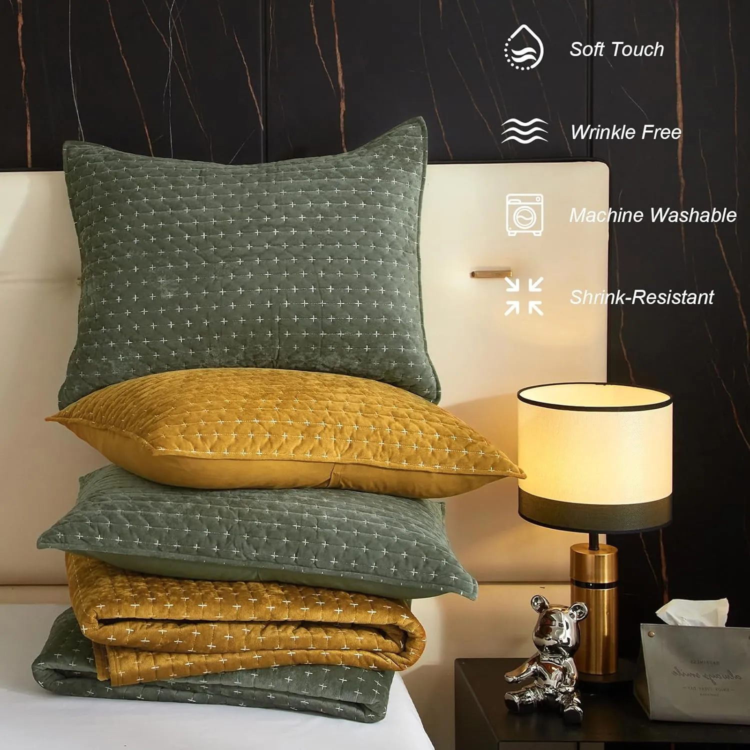 Powdion Velvet Quilt Queen Size, Oversized Bedspread Quilted Bedding Set, Luxurious Soft Coverlet Set Lightweight Velvet Comforter for All Season with Pillow Shams Army Green Striped Full/Queen