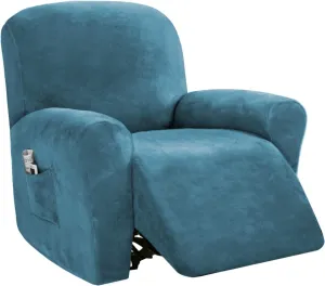 PrinceDeco Recliner Chair Cover Velvet Stretch Recliner Couch Covers 4-Pieces Style Recliner Chair Covers Recliner Cover for Reclining Chair Slipcovers Feature Non Slip Form Fitted Thick Soft,Blue