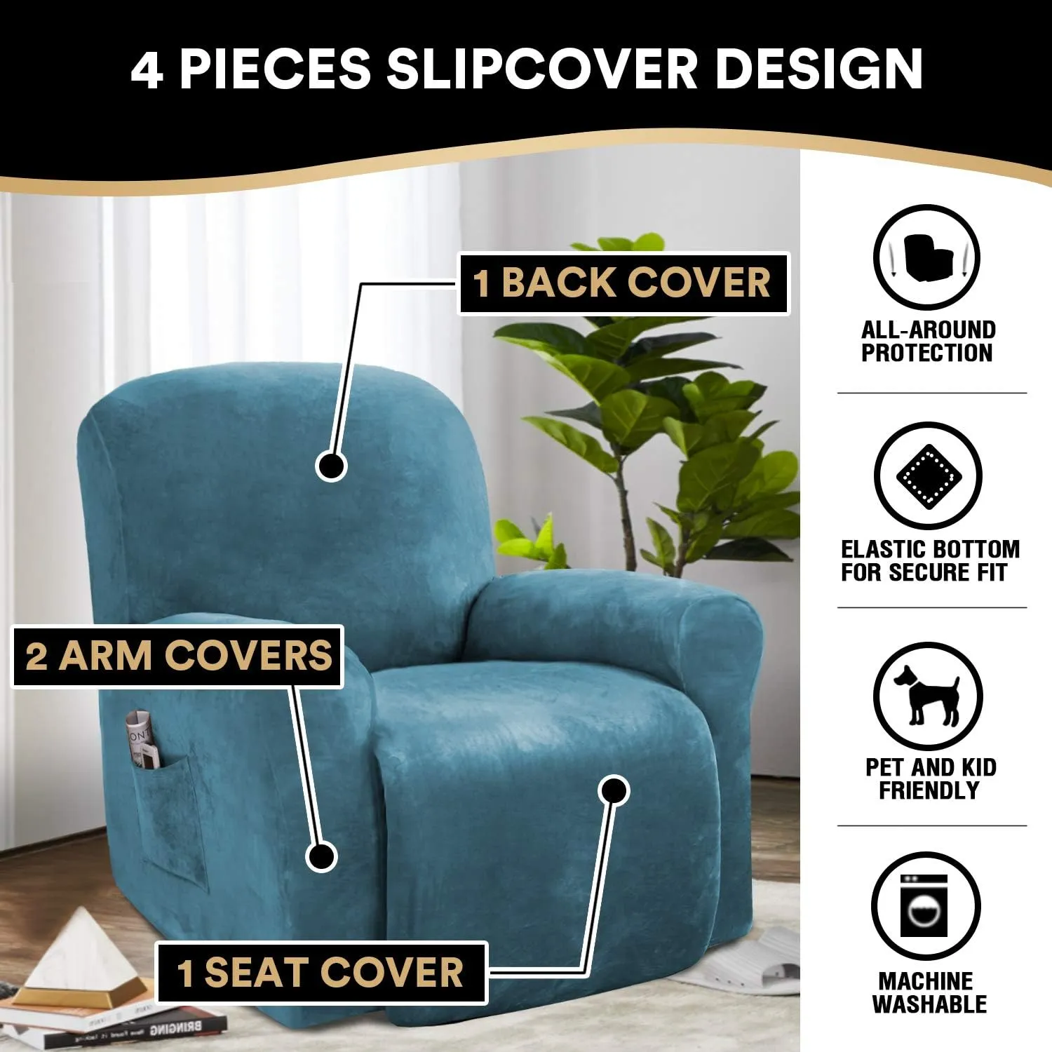 PrinceDeco Recliner Chair Cover Velvet Stretch Recliner Couch Covers 4-Pieces Style Recliner Chair Covers Recliner Cover for Reclining Chair Slipcovers Feature Non Slip Form Fitted Thick Soft,Blue