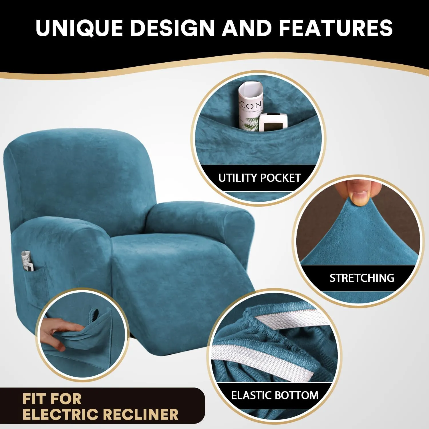 PrinceDeco Recliner Chair Cover Velvet Stretch Recliner Couch Covers 4-Pieces Style Recliner Chair Covers Recliner Cover for Reclining Chair Slipcovers Feature Non Slip Form Fitted Thick Soft,Blue