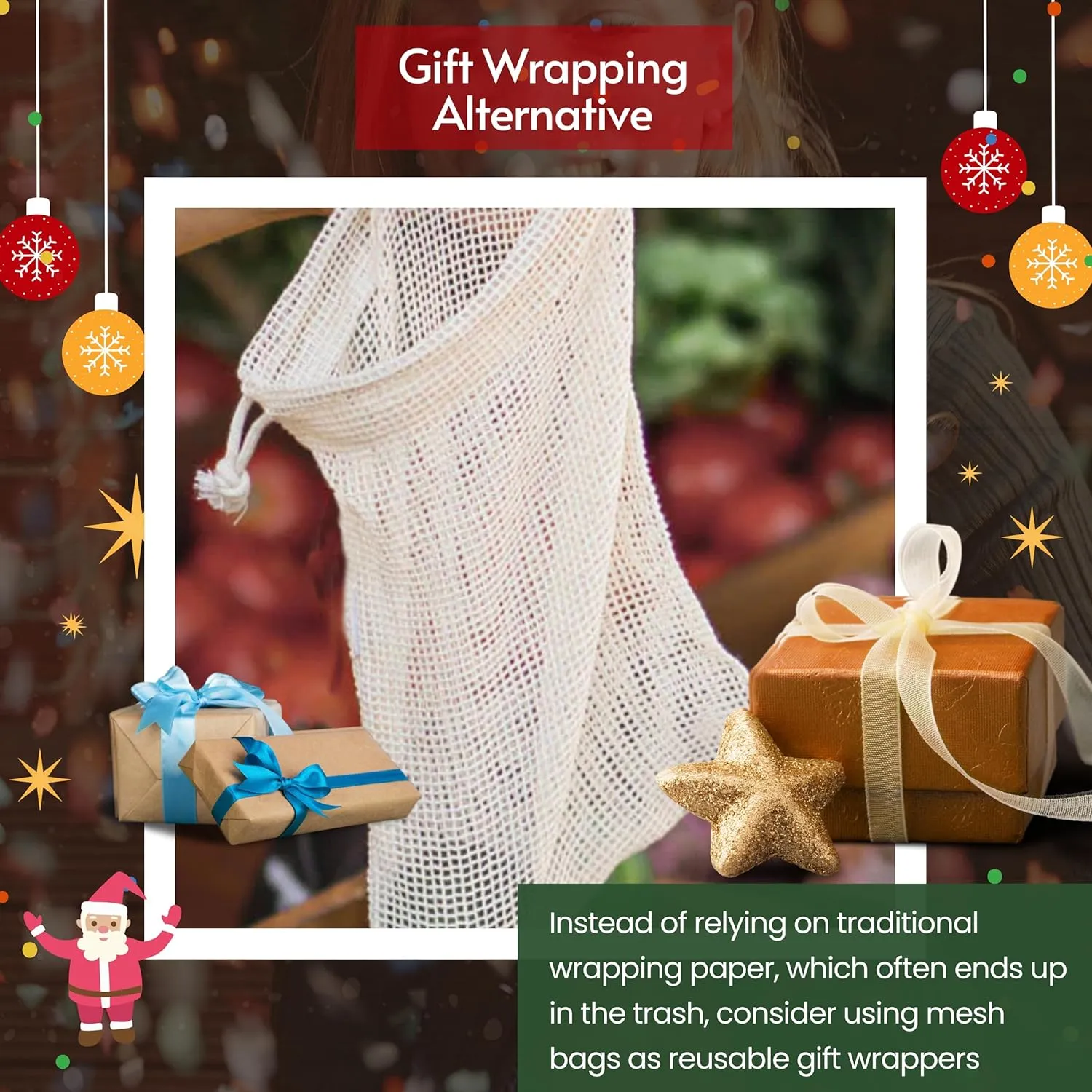 Produce Bags| Storage with Drawstrings | Cotton Mesh for Vegetables, Fruit, Onion & Grocery Shopping| Reusable Washable Food Bag| Cloth Shoe Bags| 6 Pack 9"x12"-Medium - Natural