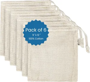Produce Bags| Storage with Drawstrings | Cotton Mesh for Vegetables, Fruit, Onion & Grocery Shopping| Reusable Washable Food Bag| Cloth Shoe Bags| 6 Pack 9"x12"-Medium - Natural