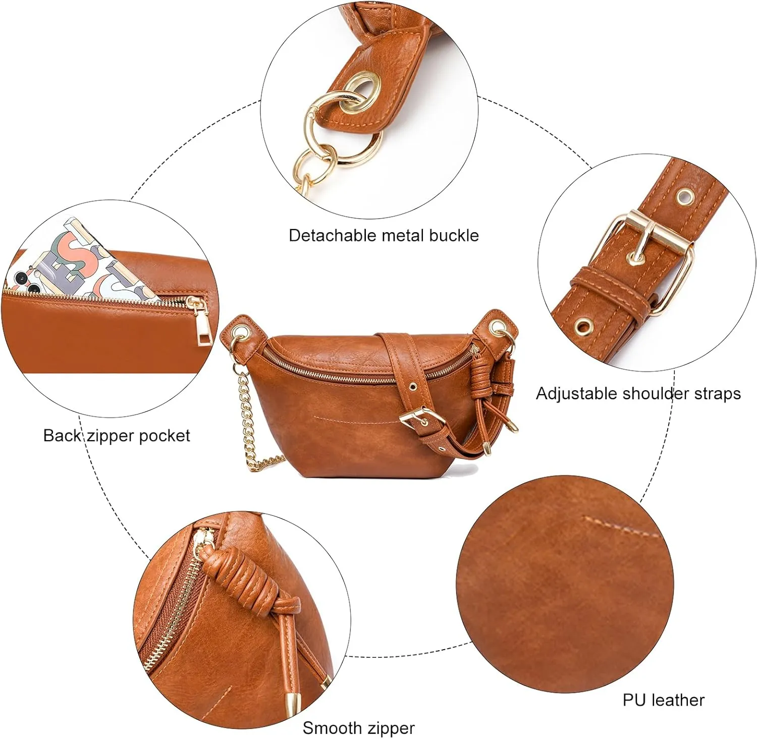 PU Leather Fanny Pack Crossbody Sling Bag for Women - Trendy Belt Bag with Adjustable Strap, Lightweight for Travel Daily Use (Brown)