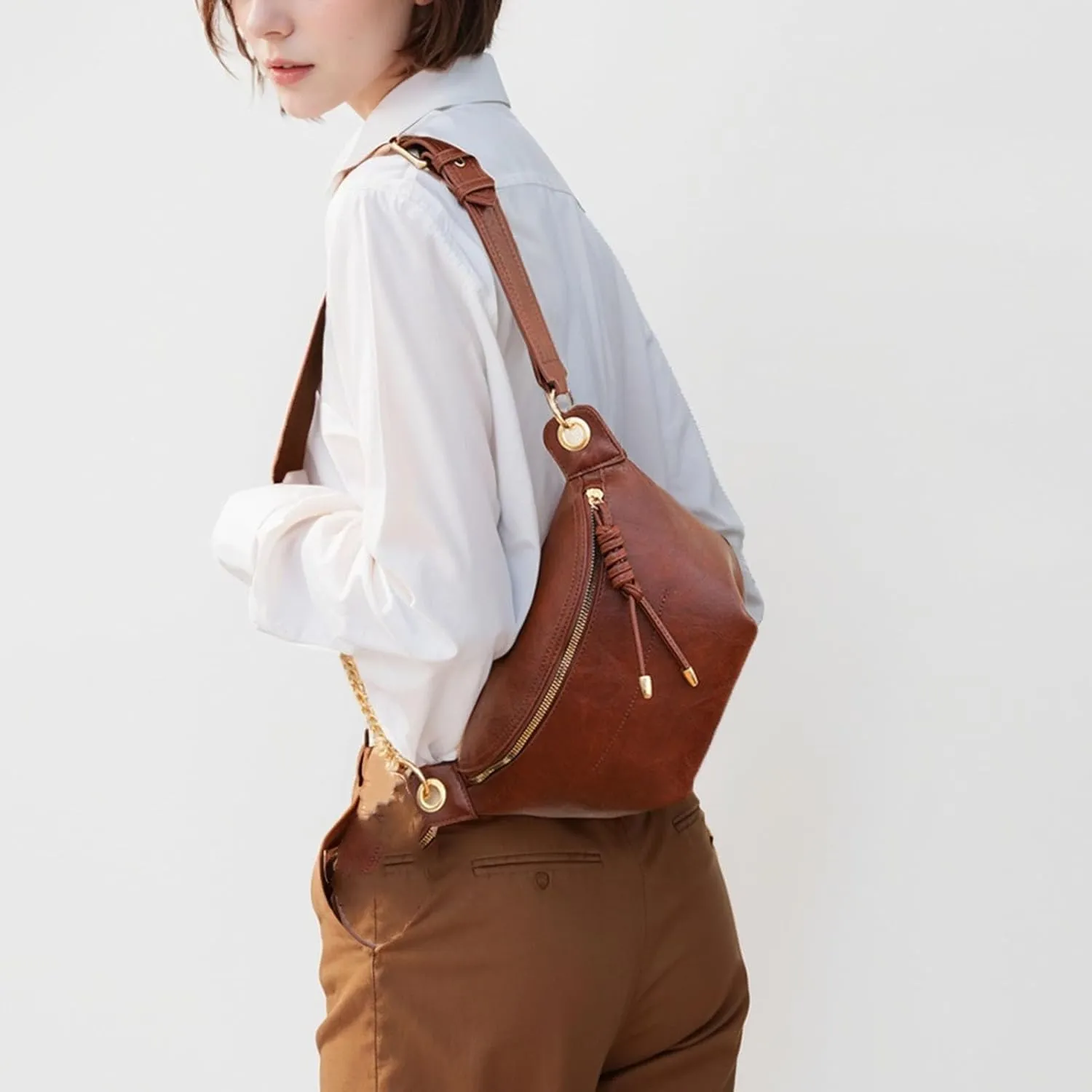 PU Leather Fanny Pack Crossbody Sling Bag for Women - Trendy Belt Bag with Adjustable Strap, Lightweight for Travel Daily Use (Coffee)