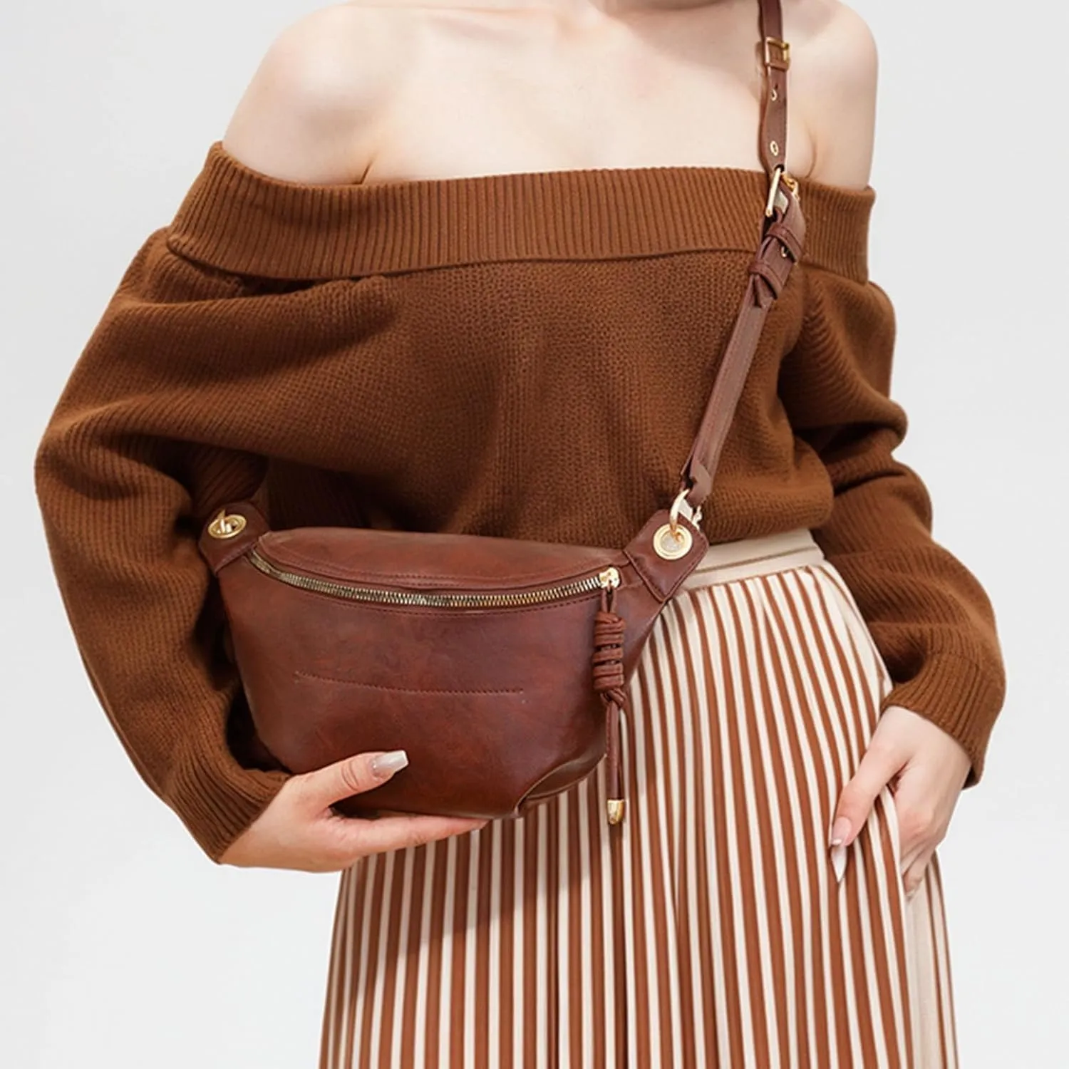 PU Leather Fanny Pack Crossbody Sling Bag for Women - Trendy Belt Bag with Adjustable Strap, Lightweight for Travel Daily Use (Coffee)