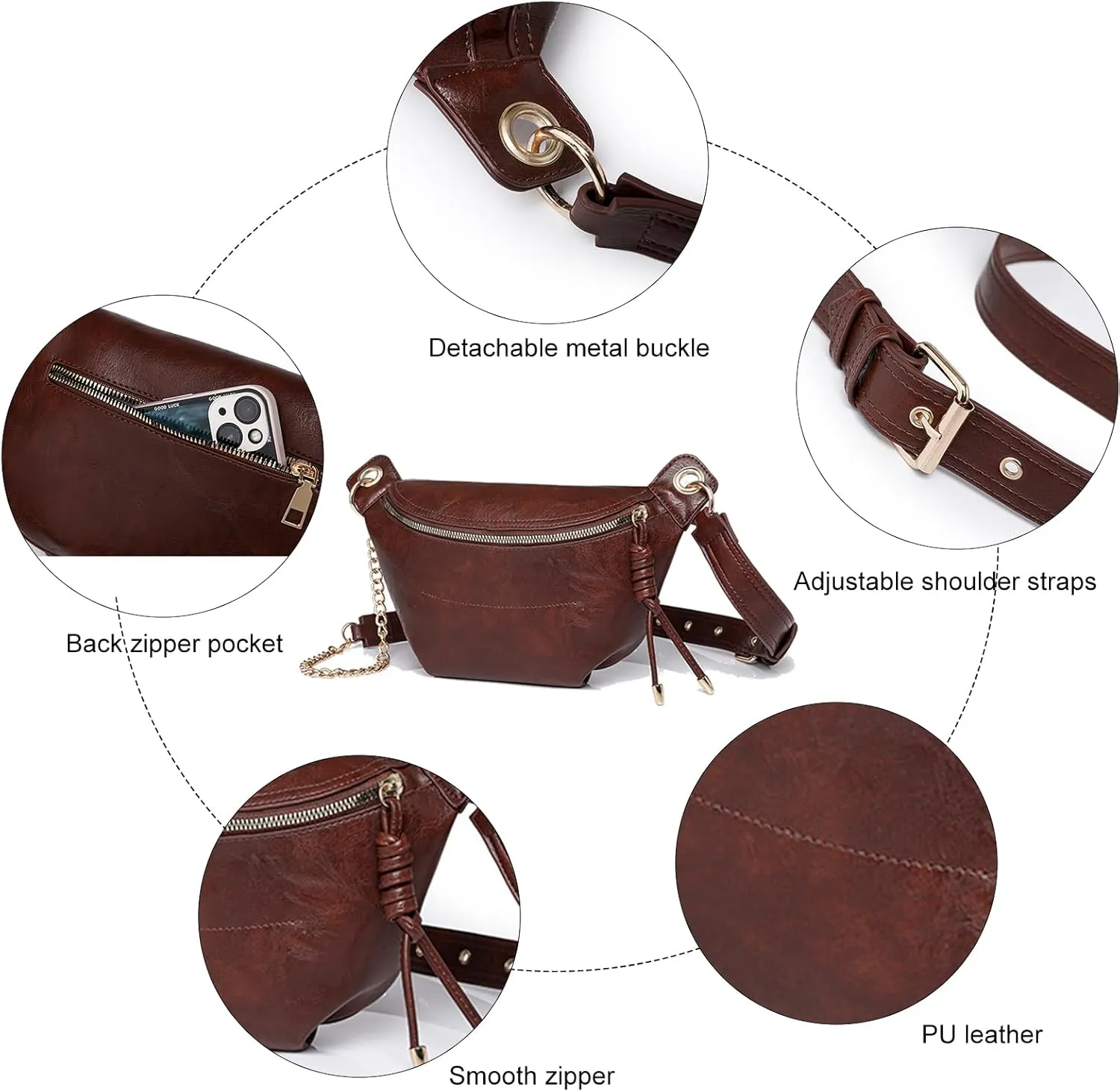 PU Leather Fanny Pack Crossbody Sling Bag for Women - Trendy Belt Bag with Adjustable Strap, Lightweight for Travel Daily Use (Coffee)