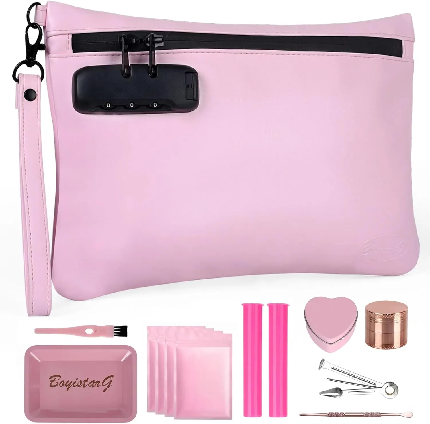 PU Leather Gift Smell Proof Storage Bags with 8 Items - Waterproof Large Smell Proof Pouch with Durable Odor Proof Stash Bag Combination Lock - Travel Smell Proof Storage Case for Women -Pink