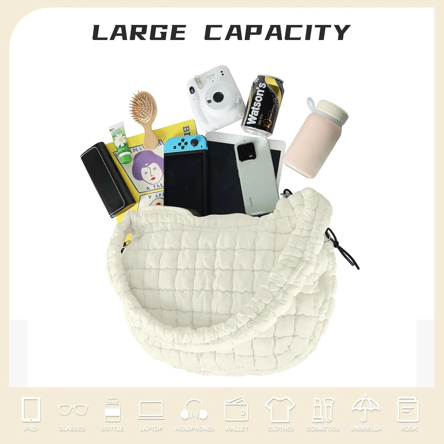 Puffer Tote Bag for Women, Large Puffy Quilted Crossbody Purse with Zipper Lightweight Shoulder Bag Handbag