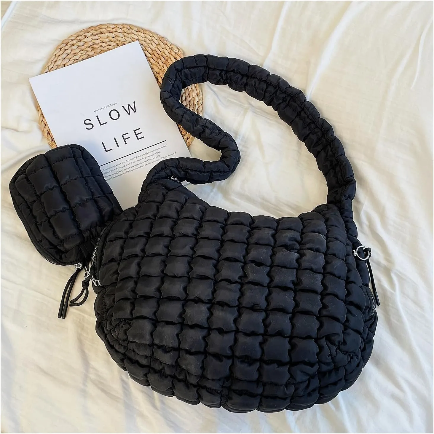 Puffer Tote Bag for Women Quilted Tote Bag Large Crossbody Bag Puffy Bag Lightweight Carryall Bag for Women