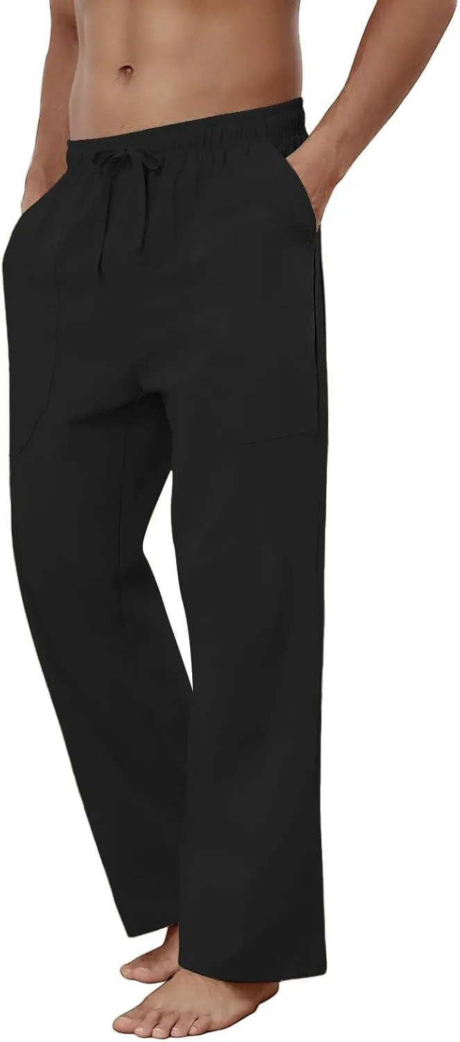 Puimentiua Cotton Linen Pants Men Casual Loose Fit Elastic Drawstring Waist Summer Beach Pants
