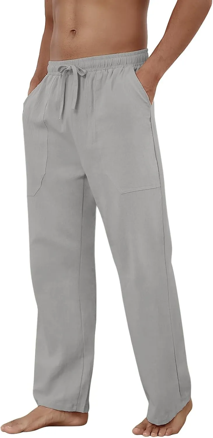 Puimentiua Cotton Linen Pants Men Casual Loose Fit Elastic Drawstring Waist Summer Beach Pants