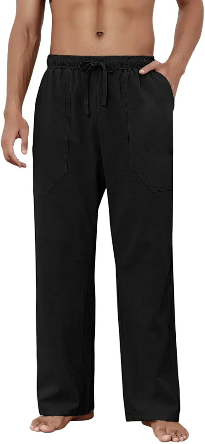 Puimentiua Cotton Linen Pants Men Casual Loose Fit Elastic Drawstring Waist Summer Beach Pants