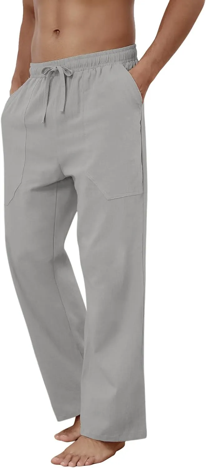 Puimentiua Cotton Linen Pants Men Casual Loose Fit Elastic Drawstring Waist Summer Beach Pants