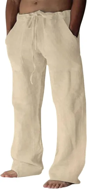 Puimentiua Cotton Linen Pants Men Casual Loose Fit Elastic Drawstring Waist Summer Beach Pants