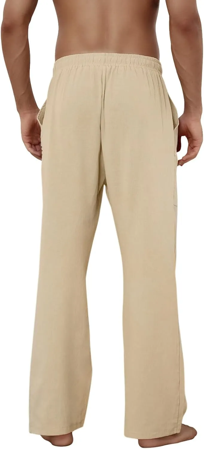 Puimentiua Cotton Linen Pants Men Casual Loose Fit Elastic Drawstring Waist Summer Beach Pants