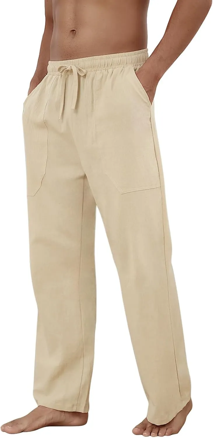 Puimentiua Cotton Linen Pants Men Casual Loose Fit Elastic Drawstring Waist Summer Beach Pants