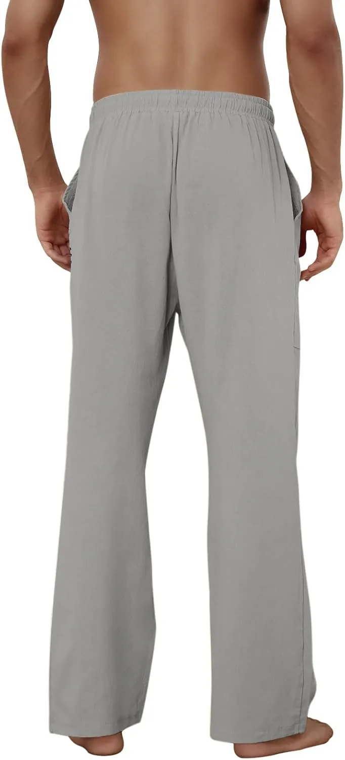 Puimentiua Cotton Linen Pants Men Casual Loose Fit Elastic Drawstring Waist Summer Beach Pants