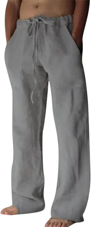 Puimentiua Cotton Linen Pants Men Casual Loose Fit Elastic Drawstring Waist Summer Beach Pants