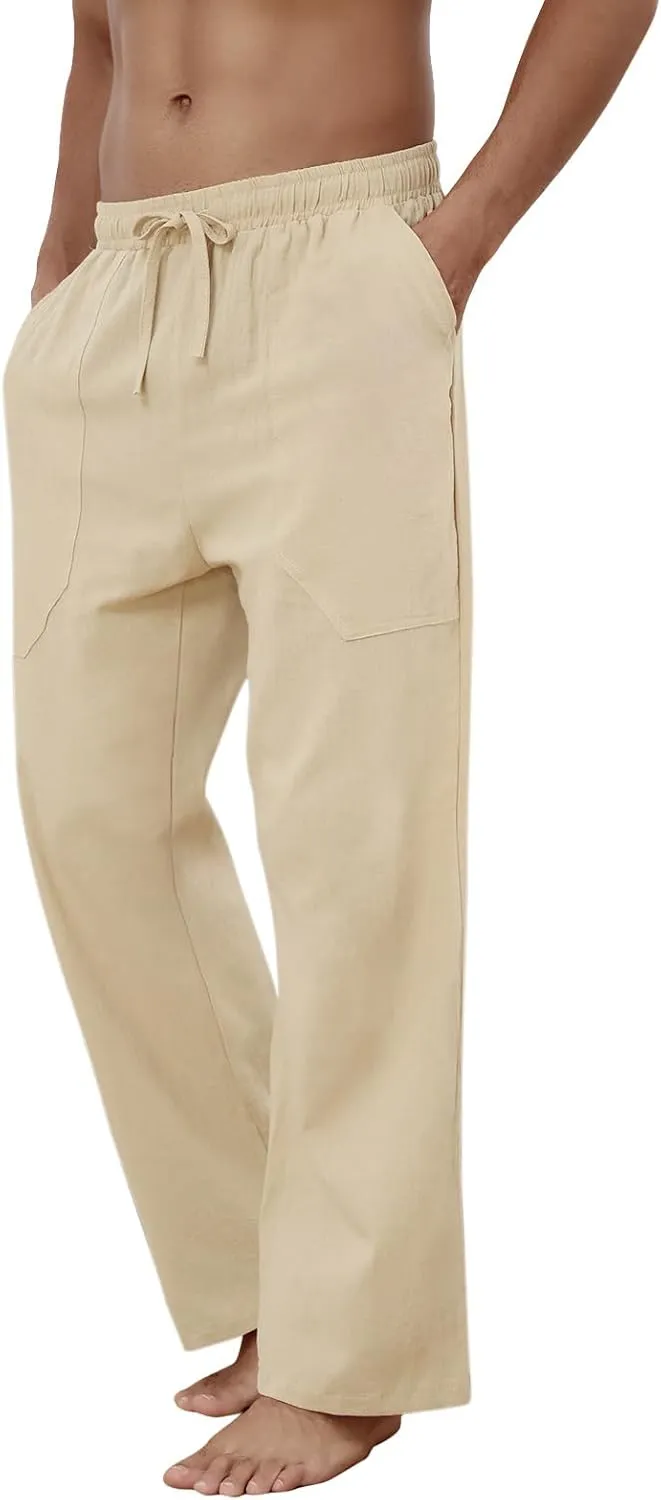 Puimentiua Cotton Linen Pants Men Casual Loose Fit Elastic Drawstring Waist Summer Beach Pants